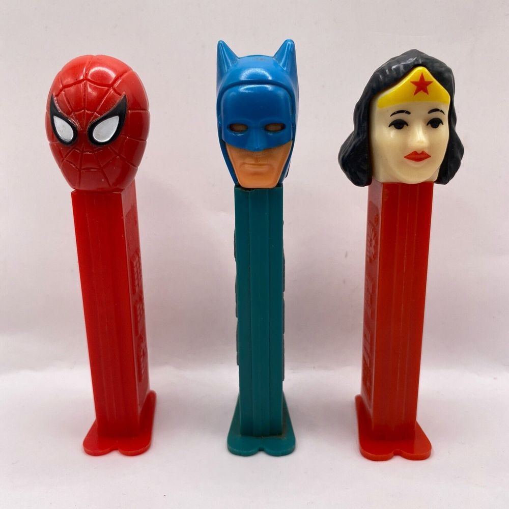 Lot of 3 Vintage Superhero‎ PEZ Candy Dispensers Spider-Man Batman Wonder Woman